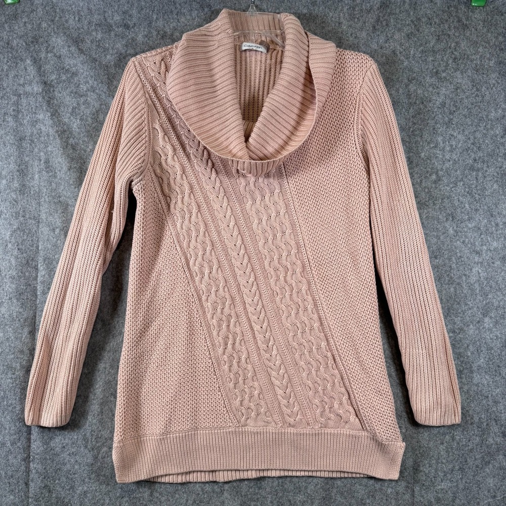 Calvin Klein Cable Knit Cowl Neck Sweater Womens Large Pink Tunic Chunky boho